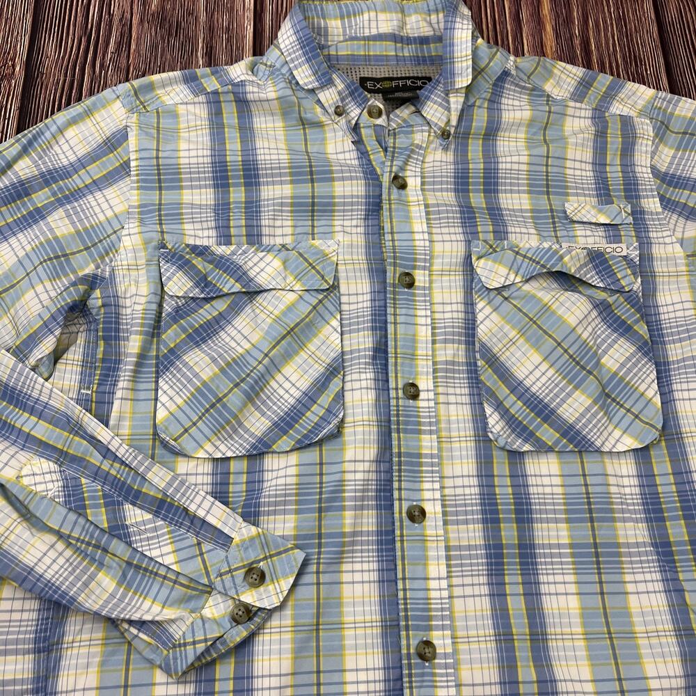ExOfficio Vented Performance Nylon Blend Long Sleeve Plaid Shirt Mens Size XL